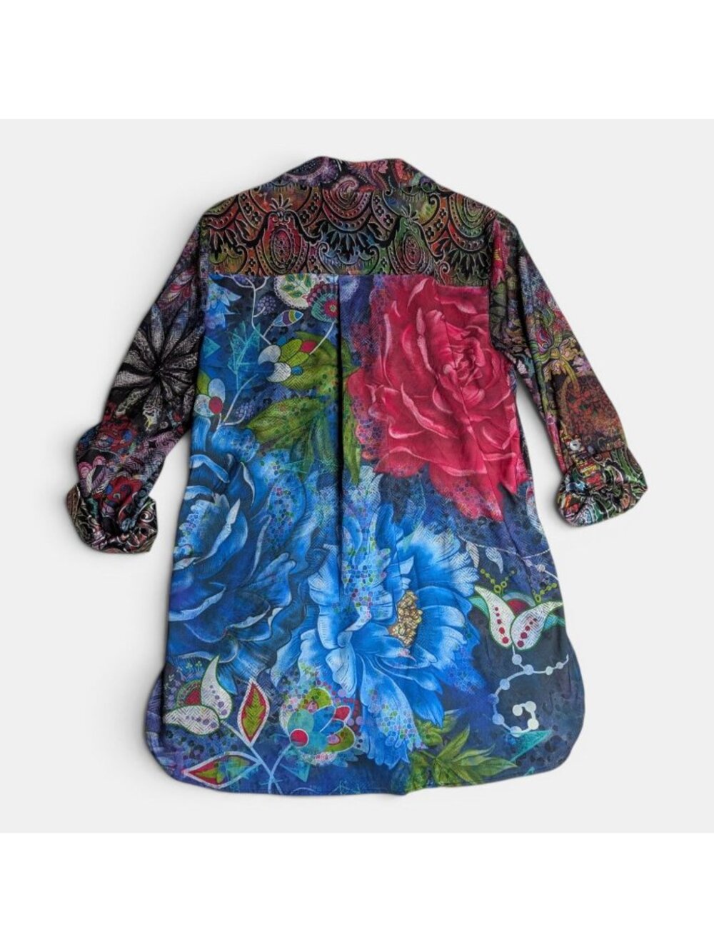 John Mark Mixed Print Satin Sz M Long Slv Button Blouse Tunic Artsy - Picture 3 of 11